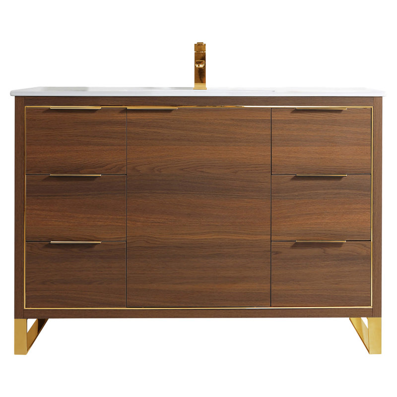 48" Single Bathroom Vanity Set, Satin Brass, Walnut