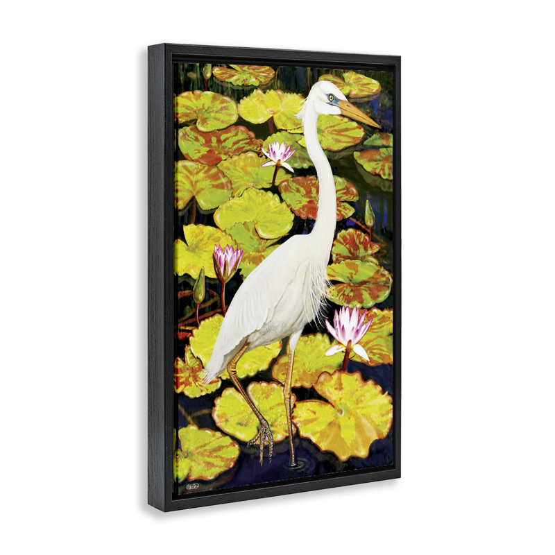 Oiseau qui marche sur un cadre flottant de nénuphars, design par Rosiland Solomon, Cadre flottant noir de jais