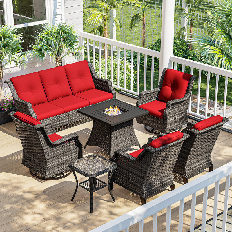 7-Person Seating Group With Fire Pit And Cushions, Red