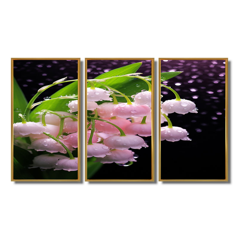 «Pink Lily Of The Valley Flower Morning Bliss» - ensemble de décorations murales Lily, Cadre flottant doré