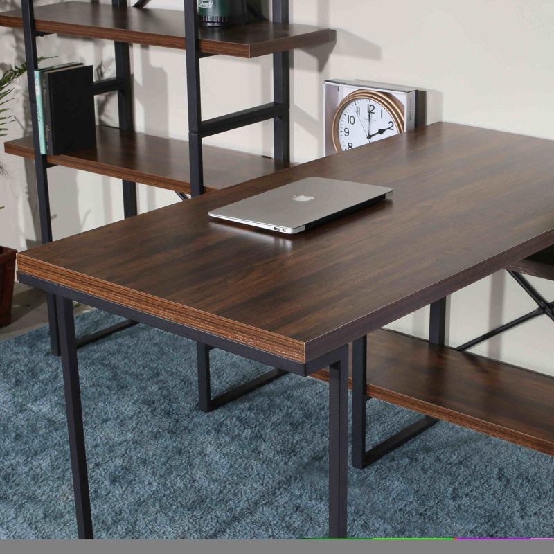 Antique Wood and Black Metal L-Shaped Writing Desk with Shelves
