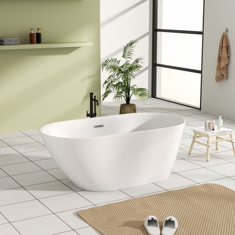 59'' L × 30'' W Freestanding Bathtub, Oval Acrylic Soaking Tub, Gloss White Modern Stand Alone Bathtub for Bathroom, Easy to Clean & Install