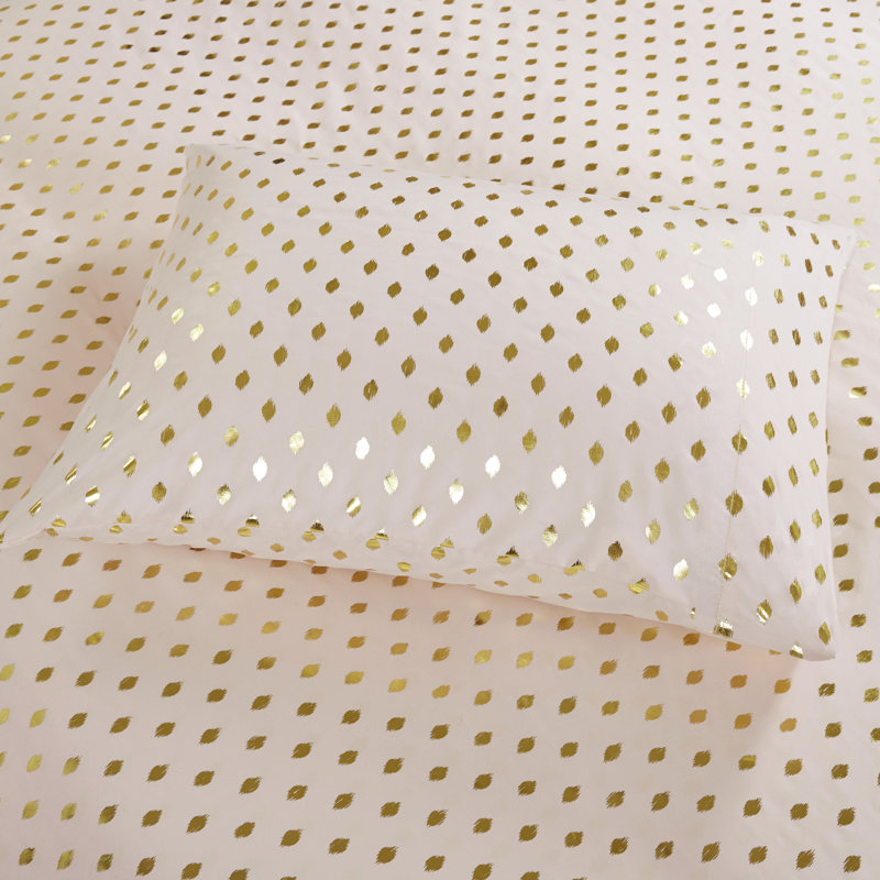 Metallic Polka Dot Printed Sheet Set, Queen Sheet Set + 1 Fitted Sheet + 2 Pillowcases, Blush/Gold