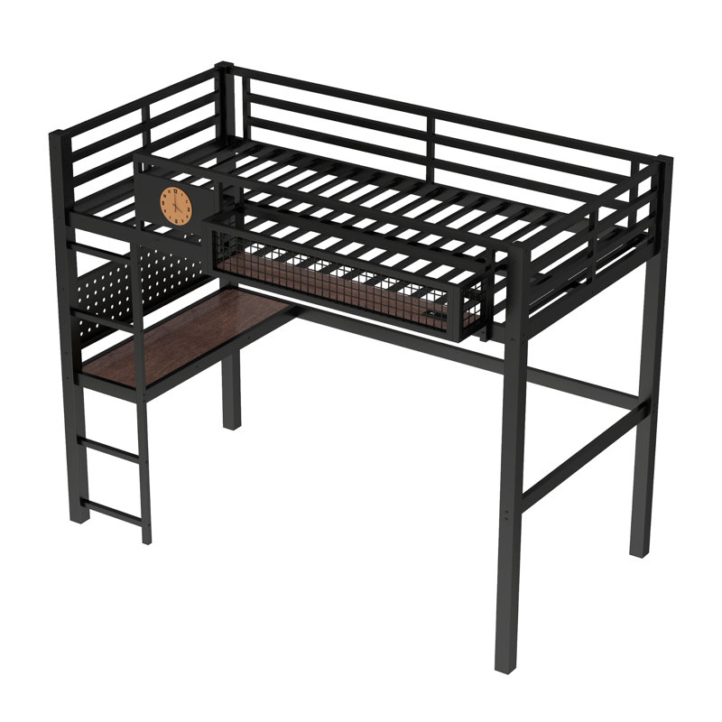 Twin XL Size Loft Bed Frame with desk, storage basket,Metal Loft Bed with clock,and charging port,Black, Extra-Long Twin