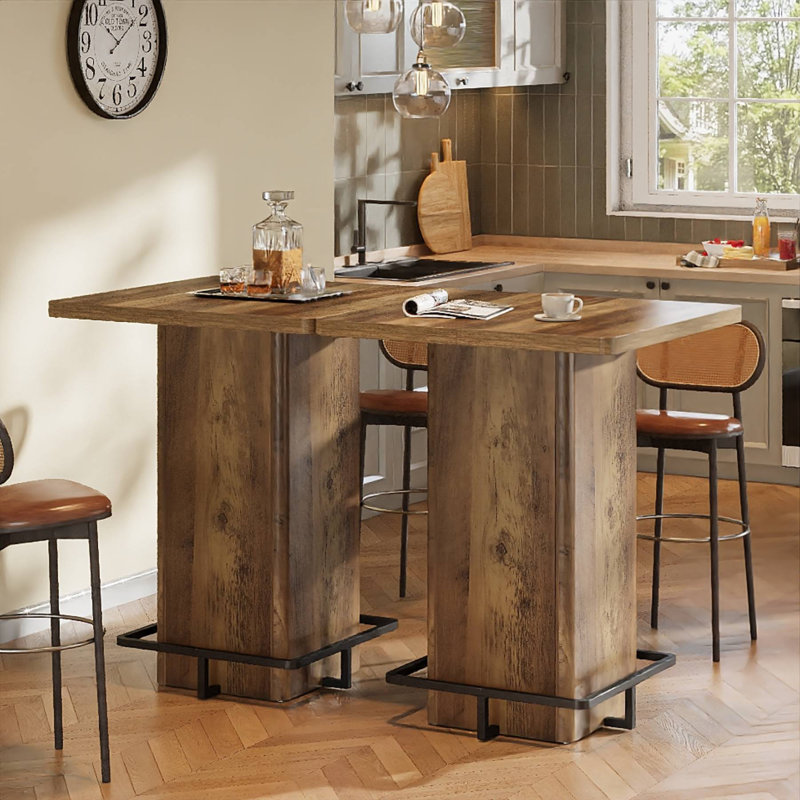 Square Bar Table, 39.4" H Wooden Bistro Pub Table With Metal Frame Footrest(Only Table), Brown