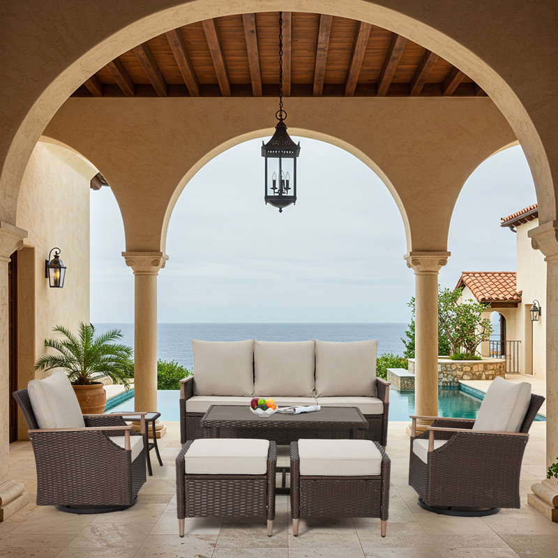 7-Piece Patio Furniture Set with Swivel Chair, Beige