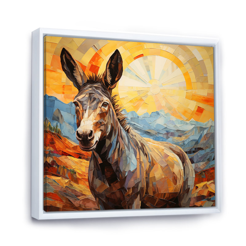 Patchwork Donkey Pastures III - âne, art mural, Cadre flottant blanc, H 16 po x l 16 po x P 1 po