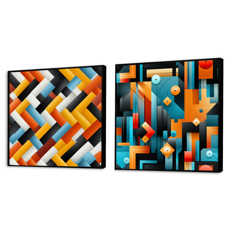 Ensemble d'illustrations géométriques orange et bleues, Cadre flottant noir, H 36 po x l 73 po