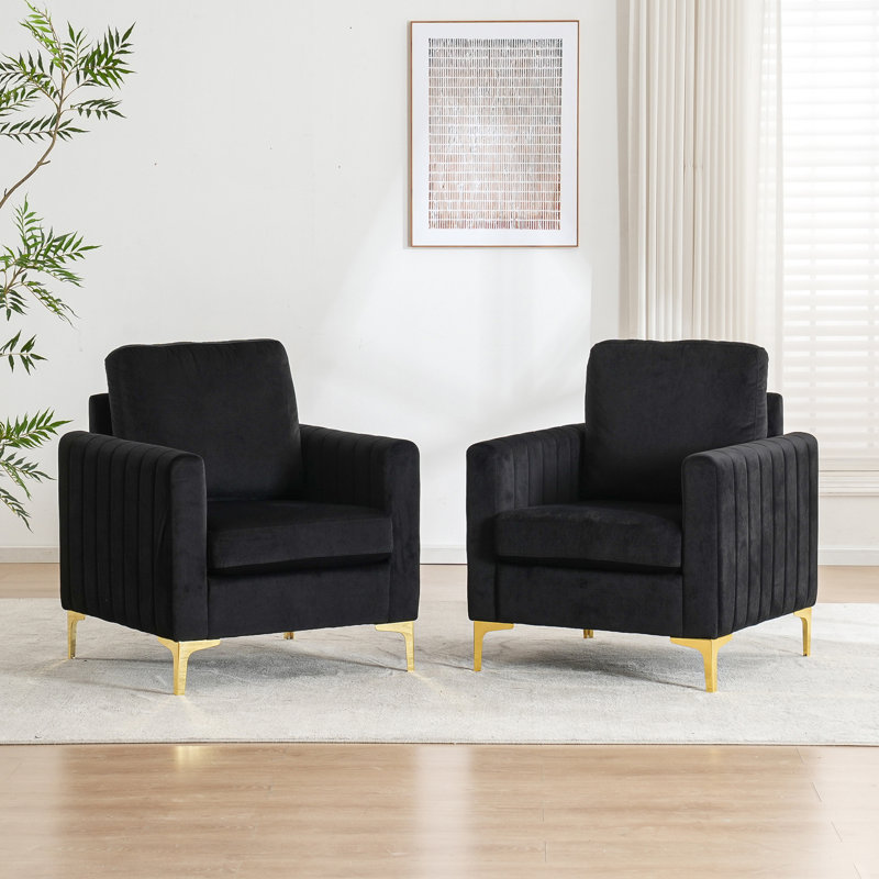 Velvet Accent Chair With Gold Metal Legs  (set Of 2), Black