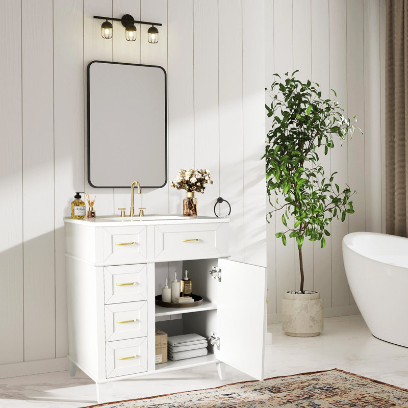 30" Bathroom Vanity With Ceramic Sink,three Soft Close Drawers, White