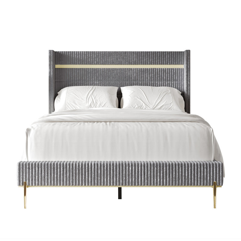 Lit tapissier standard à profil bas Anaika Corduroy, gris, Très grand