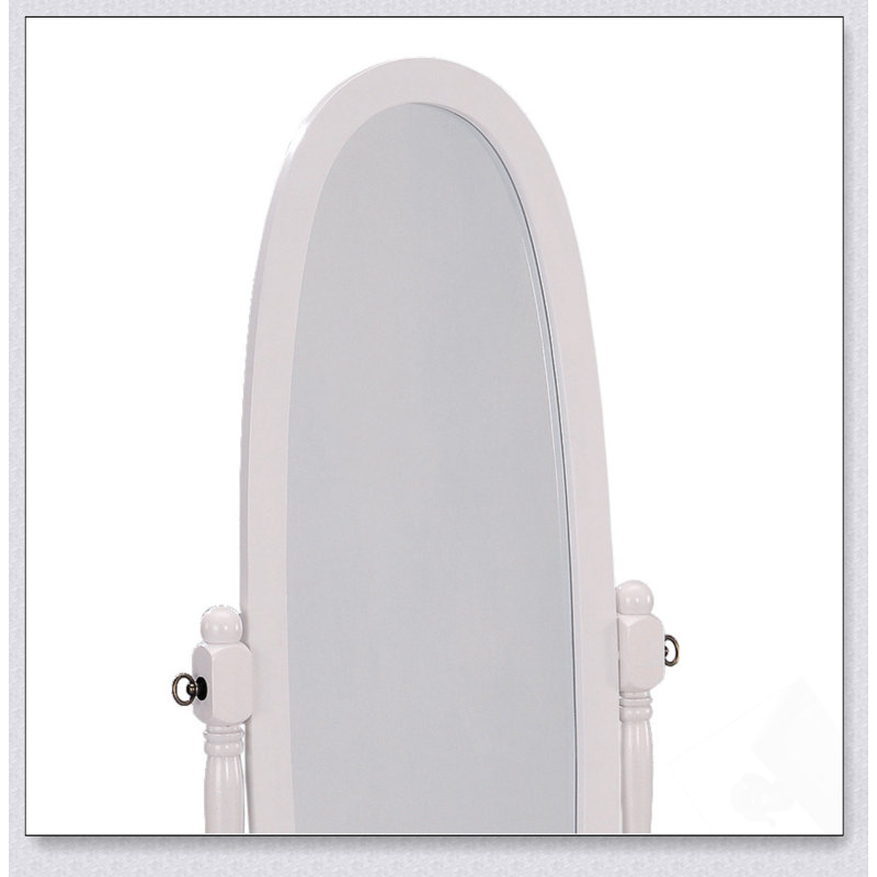 Adjustable 59.25 Inch Tall Standing Wooden Floor Mirror, Oval Shape With Swivel Feature For Full-Length Reflection, White
