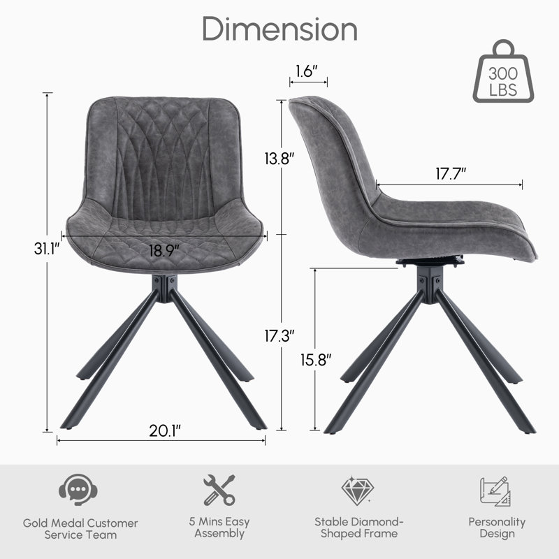 Swivel Tufted Leather Upholstered Side Chairs Modern Dining Chairs with Metal Legs, Dark Gray