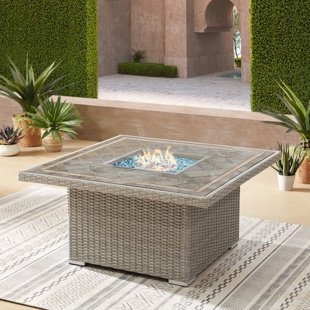 Propane Outdoor Fire Pit Table With Ceramic / Tile Top & Wicker Base and Hidden Fuel Tank Storage