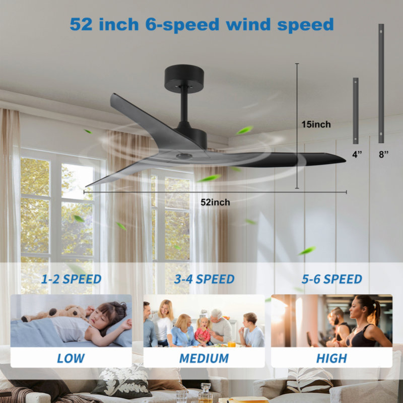 Ventilateur de plafond extérieur 52 po sans lumière avec télécommande, 3 pales ABS Farmhouse, Noir
