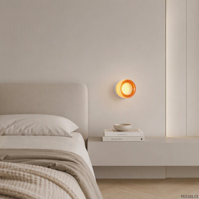 Minimalist Round LED Wall Lamp with Thick Glass Shade, Modern Wall Light for Bathroom Vanity, Bedside & Living Room, Concave Style, Red