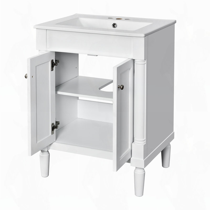 Meuble-lavabo simple avec grandes tablettes de rangement, Blanc