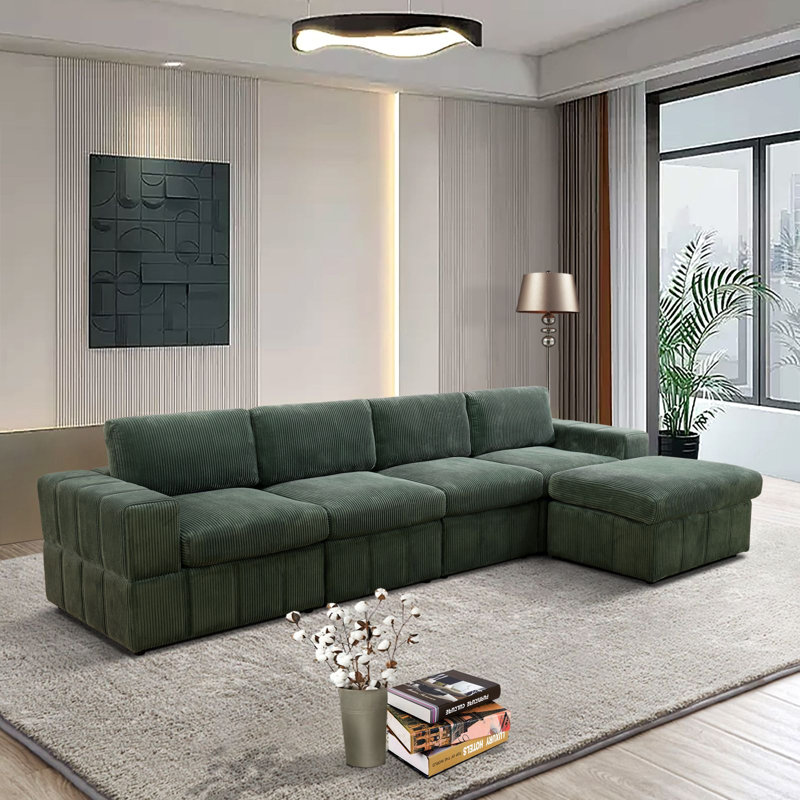 Canapé modulaire 5 pièces Akiak, Velours côtelé vert