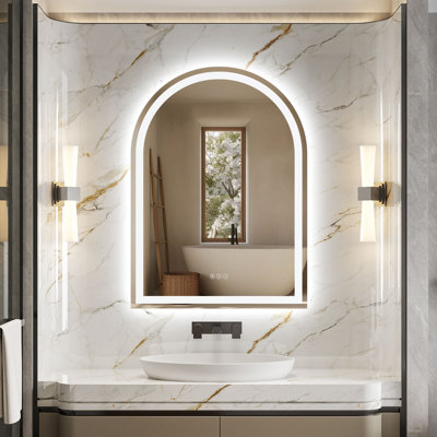 Frameless Arch Front & Backlit LED Bathroom Vanity Mirror with Dimmable 3-Color Lighting, Anti-Fog and Tempered Glass