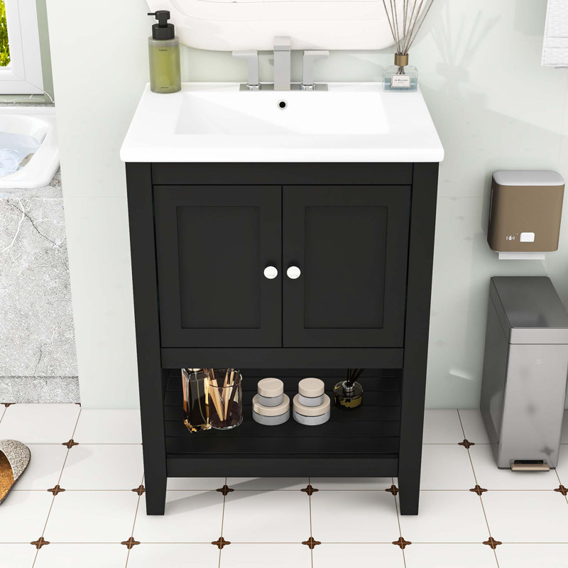 Meuble-lavabo de salle de bain avec lavabo en céramique, armoire de rangement et tablette ouverte