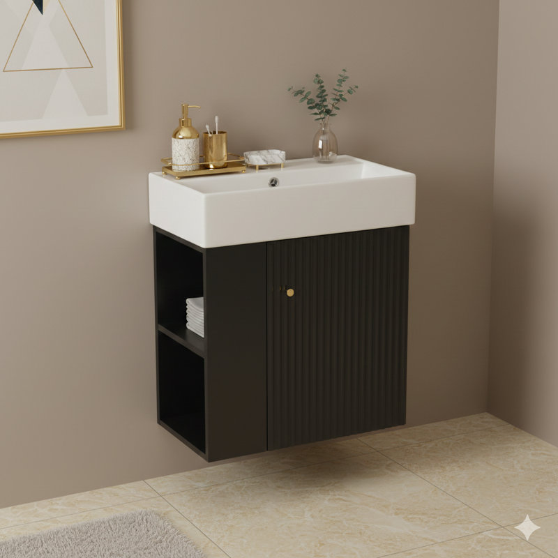 Meuble-lavabo mural contemporain de 21,6 po avec lavabo en céramique - idéal pour les salles de bain compactes, rangement à gauche
