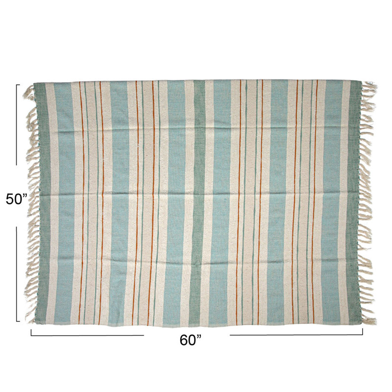Blue and Cream Striped Cotton Throw with Fringe