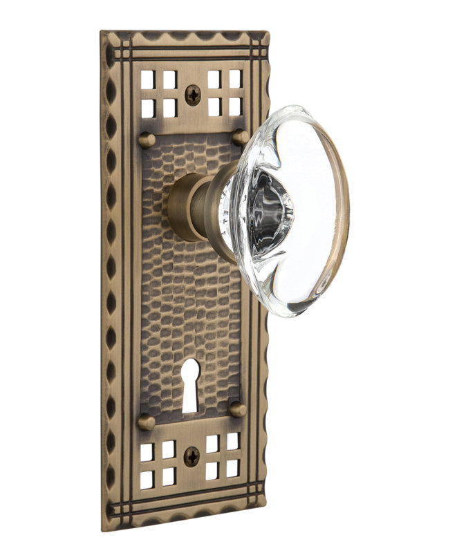 Assiette artisanale avec trou de serrure décoratif et poignée de porte ovale en cristal transparent, Laiton antique, 2,375 po