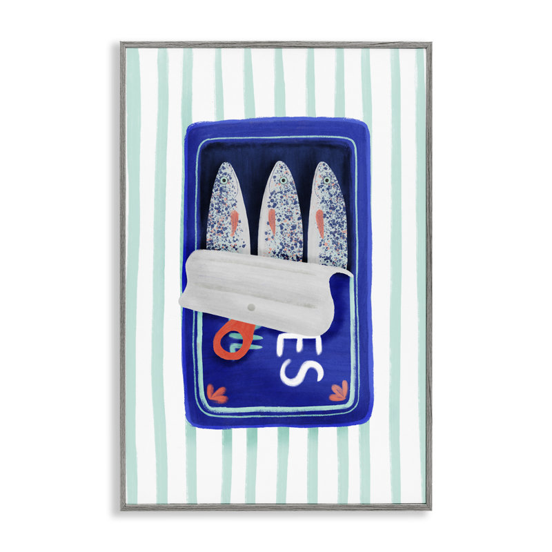 Giclée encadrée de sardines bleues, design par Metka Hiti, H 30 po x l 20 po, Giclée de ferme grise encadrée