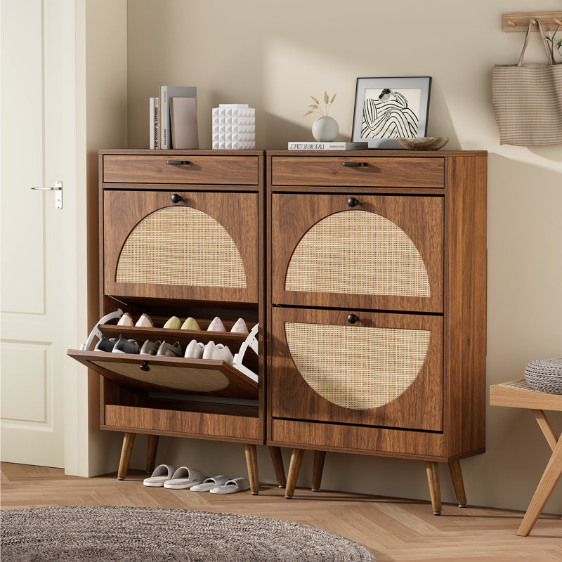 Rattan Shoe Storage with Drawer, Walnut