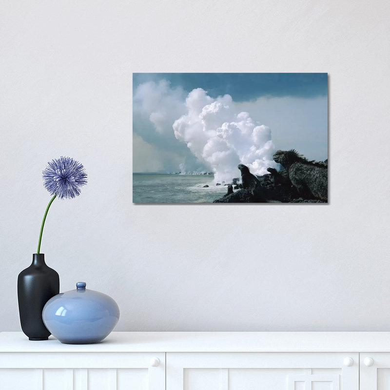 Group of Marine Iguanas with Lava Flow Entering Sea, Cape Hammond, Fernandina Island, Galapagos Islands, Ecuador 1 Piece Wrapped Canvas Wall Art