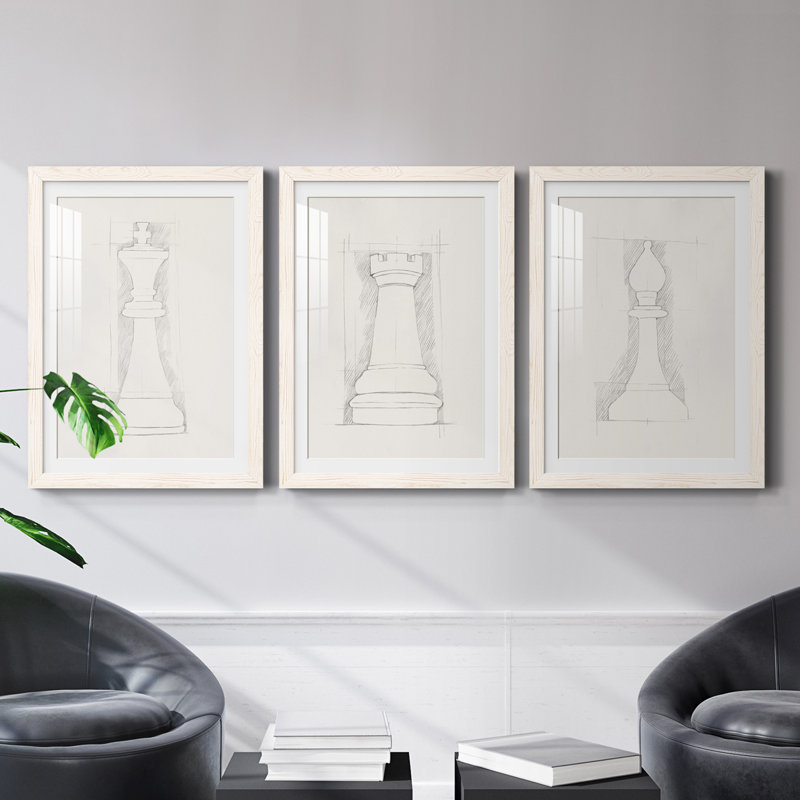 Jeu d'échecs - croquis II - ensemble de 3 cadres photo, Blanc, H 37,5 po x l 82,5 po x P 1,5 po