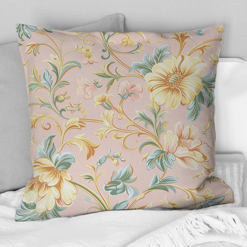 Coussin bohème rose, rose et vert floral, H 16 po x l 16 po, Carrée