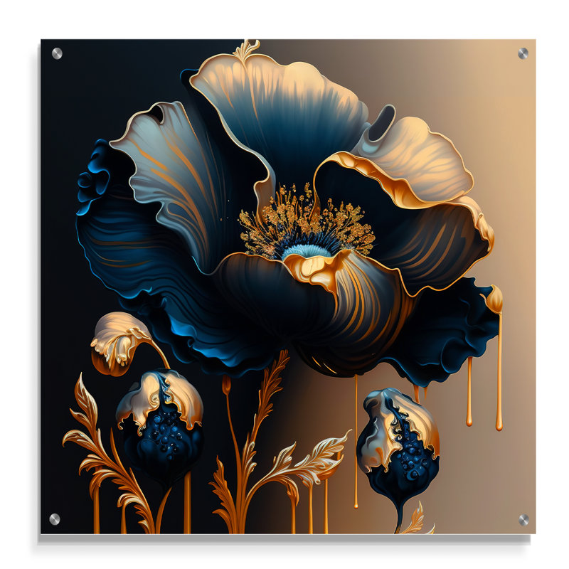 Fleur bleue profonde et or simple V - art mural floral en acrylique pour la cuisine, H 16 po x l 16 po