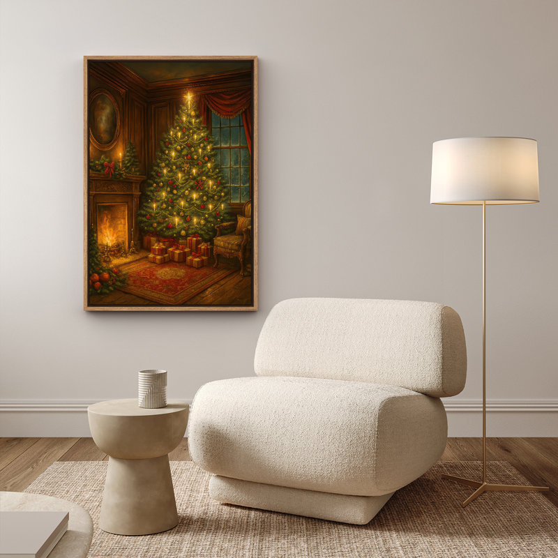 Décoration murale rétro de Noël encadrée avec cheminée et arbre, H 36 po x l 24 po, Naturel