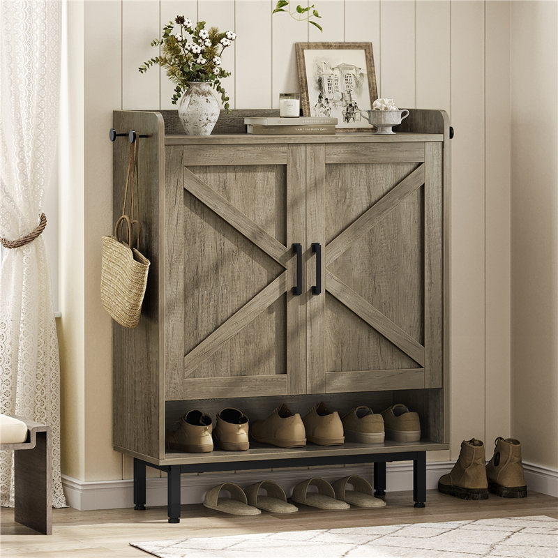 5-Tier Shoe Cabinet with Barn-Inspired Doors, Gray