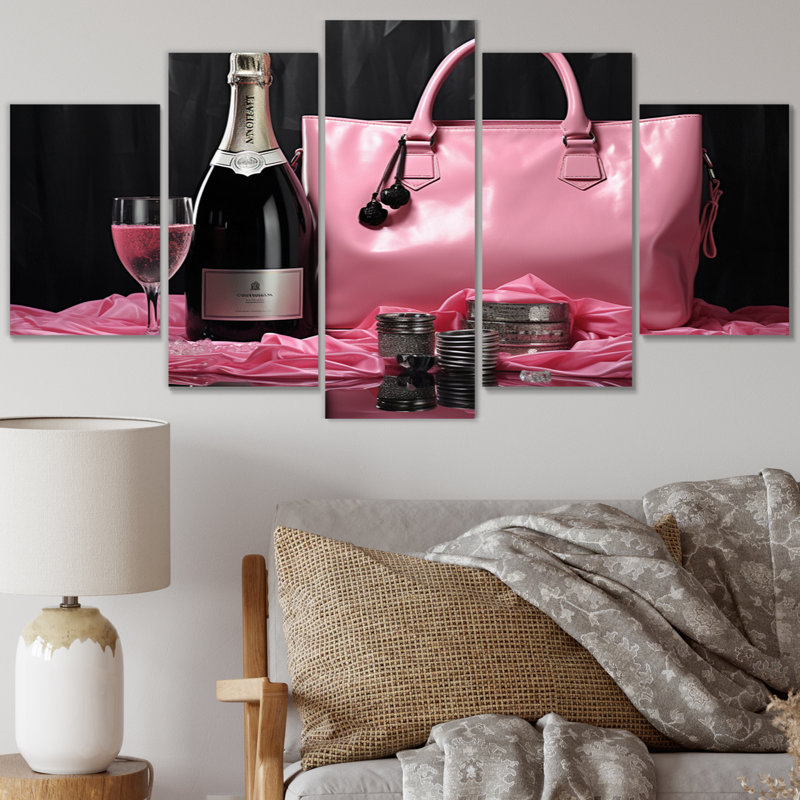 «Pink Fashion Bag & Champagne I», ensemble d'impressions d'art mural en métal