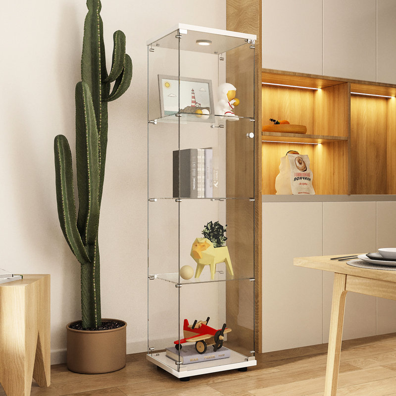 Armoire de rangement en verre trempé de couleur blanche, H 64,97 po x L 15,24 po, l 13,3 po, avec éclairage intégré et pieds réglables pour diverses utilisations avec éclairage à vin blanc, salle de musique au sol inégale