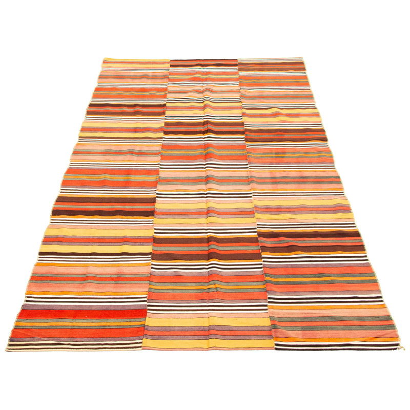Tapis décoratif en laine noué à la main de conception unique noué à la main des années 1980 5 pi 11 po x 11 pi 5 po en orange/jaune/brun