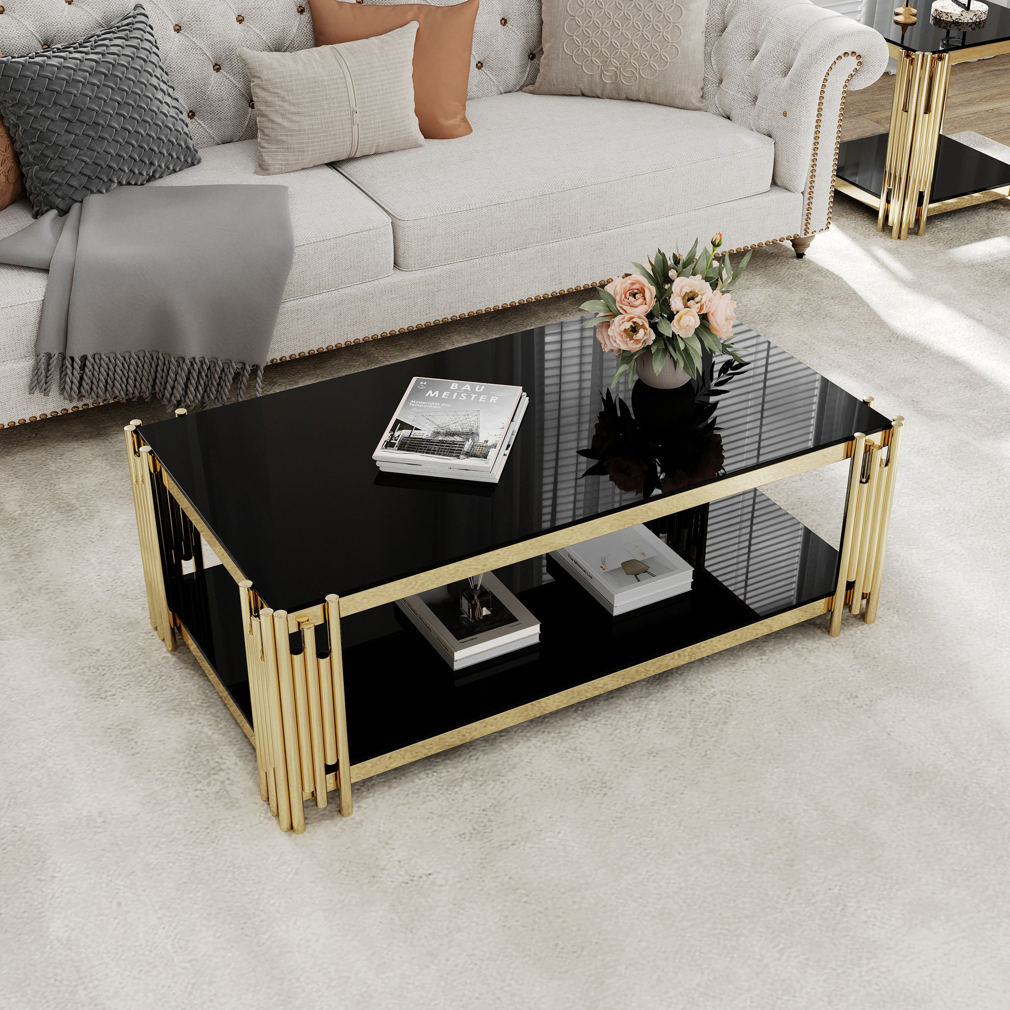 Mercer41 48" Rectangular Coffee Table With Black Tempered Glass Top And ...