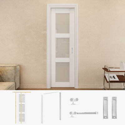 Porte de garde-robe coulissante en verre givré 3-Lite 24 po x 80 po avec quincaillerie argentée et cadre / poignée de porte blanche