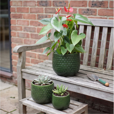 Ensemble de pots à fleurs en céramique émaillée faite à la main de 3 (9, 7, 5 pouces) - Finition lustrée vert foncé, pots de plantes respirants avec trous de drainage pour plantes grasses, herbes et décor