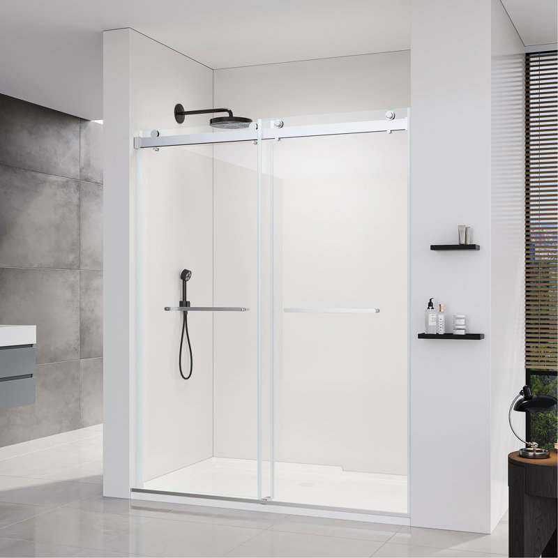 Sliding Frameless Soft-Close Shower Door For Bathroom, Brushed Nickel