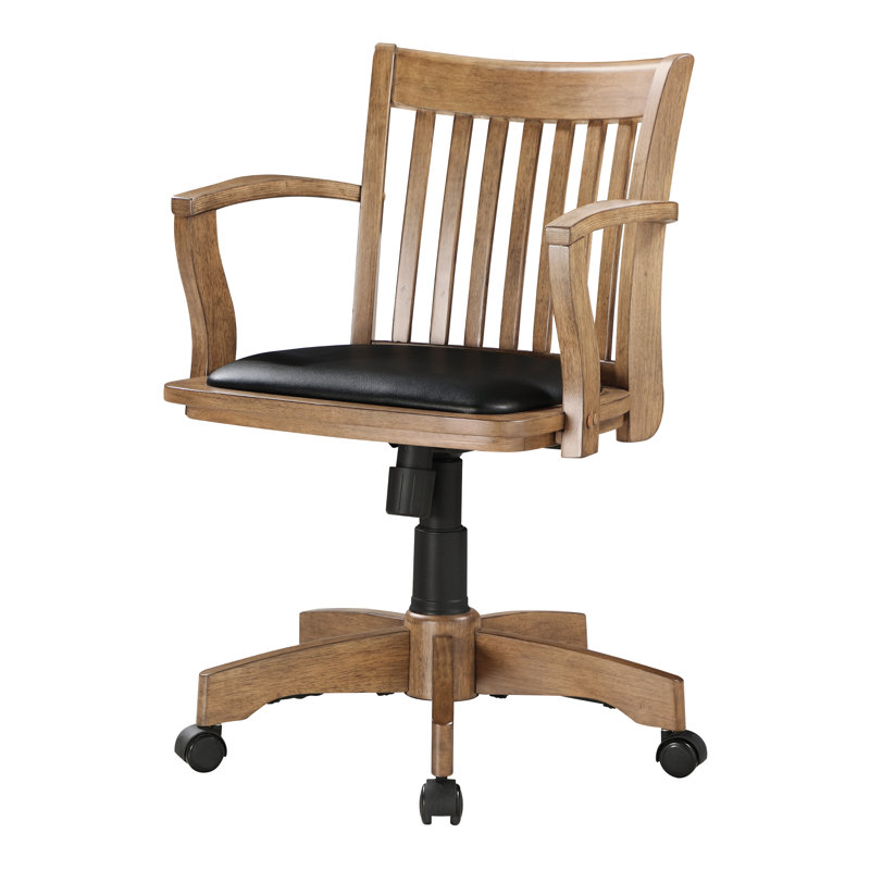 Adjustable Fruitwood Swivel Banker's Chair with Black Vinyl Seat