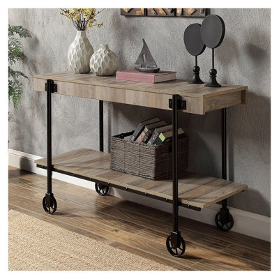 Console industrielle avec tablette ouverte, finition noire et naturelle, canapé avec cadre en acier pour le vestibule du salon