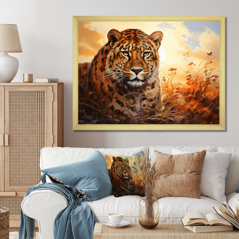 Animaux orange léopard sur fond orange, H 34 po x l 44 po x P 1,5 po, Encadrement doré