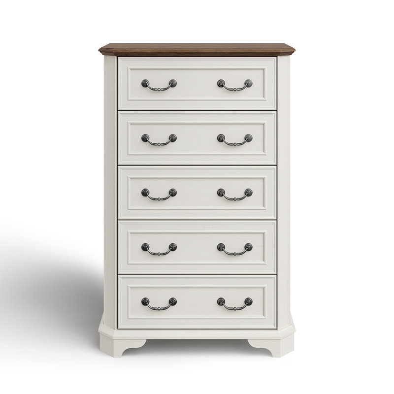 Farmhouse 5 Drawer Bedroom Dresser, Wood Tall Chest Of Drawers, Closet Storage For Bedroom, White