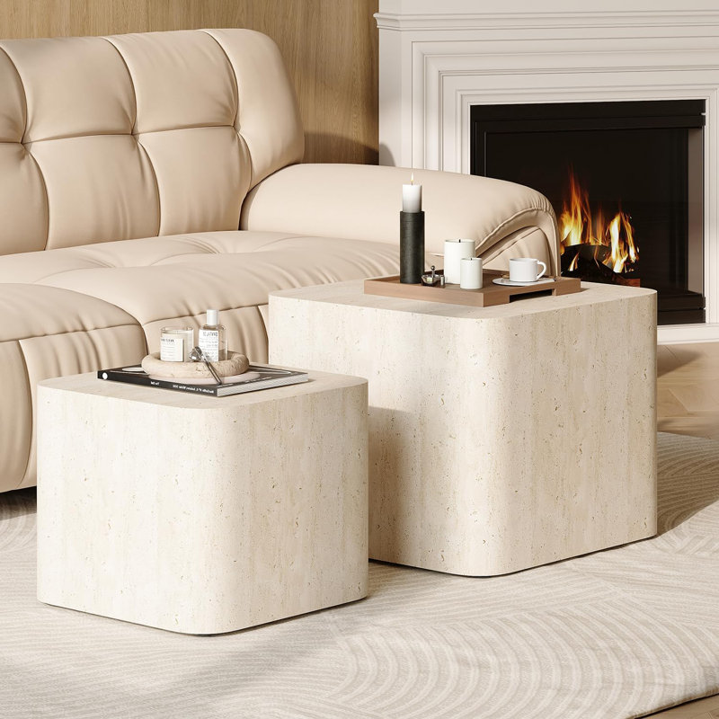 2-Piece Modern Nesting Coffee Table Set Travertine Finish, Travertine