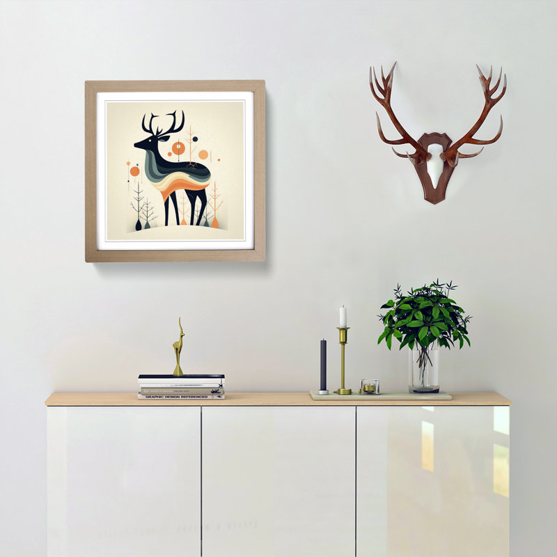 Deer Mid-Century - Single Picture Frame Print on Wood, Oak