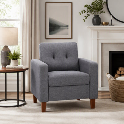Button Tufted Piped Trim Square Arm Upholstered Sofa Chair, Polyester Fabric Transitional Living Room Sofa Chair Furniture
