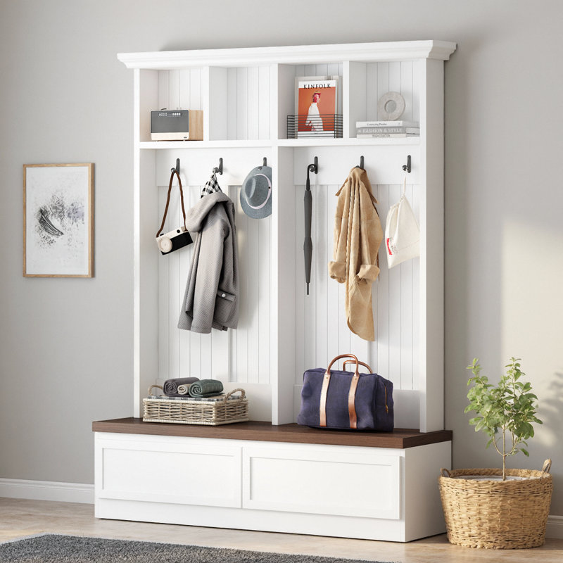 Farmhouse 4-In-1 Hall Tree With Wood Grain Bench And Storage Drawers, White, White